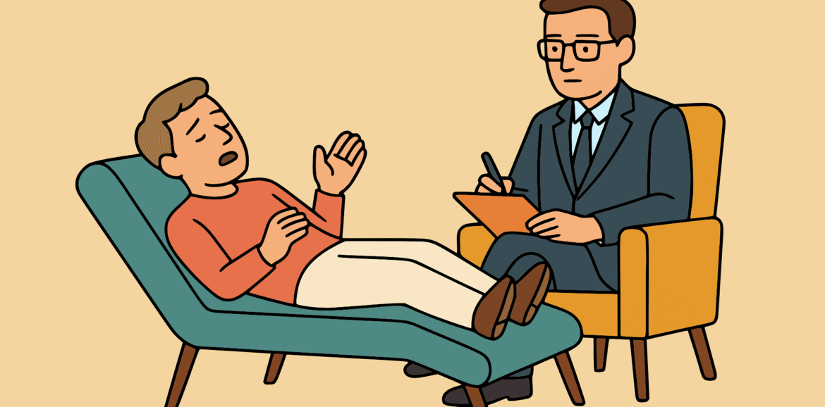 Sessão de psicoterapia em consultório com paciente deitado em poltrona conversando com psicólogo que faz anotações