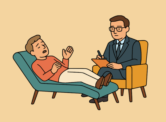 Sessão de psicoterapia em consultório com paciente deitado em poltrona conversando com psicólogo que faz anotações