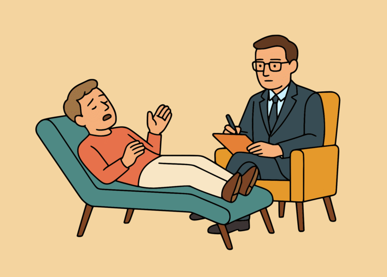 Sessão de psicoterapia em consultório com paciente deitado em poltrona conversando com psicólogo que faz anotações